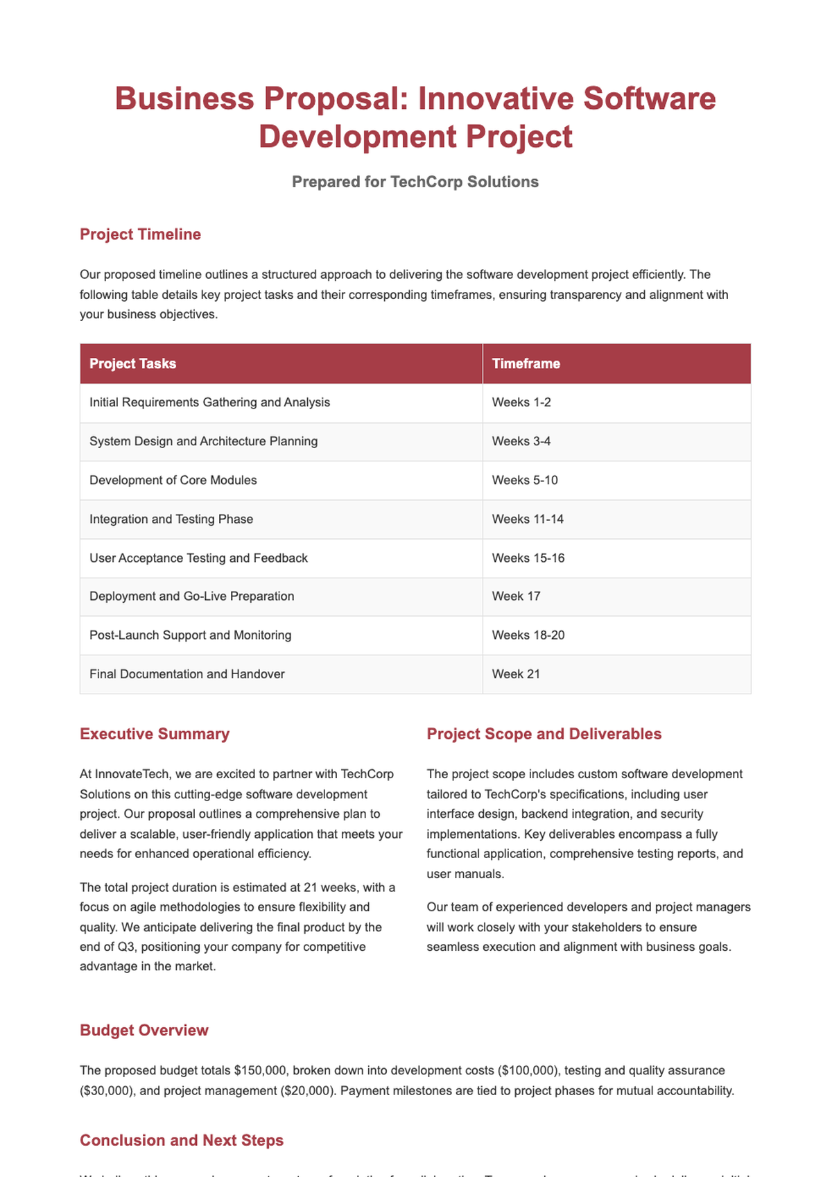 Project timeline document with task list and timeframe table_variant_3
